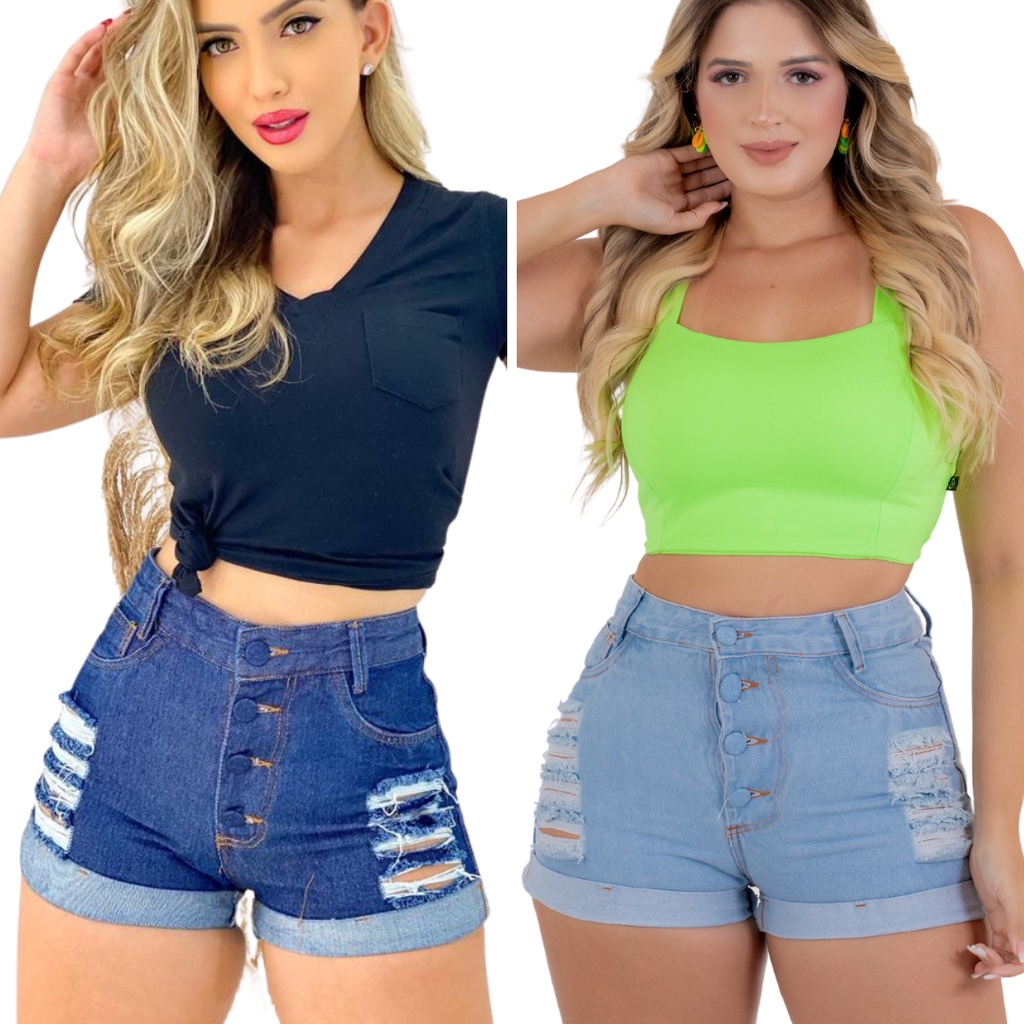 Kit 2 Short Feminino Jeans Short Curto Jeans Rasgado Feminino Oferta relâmpago