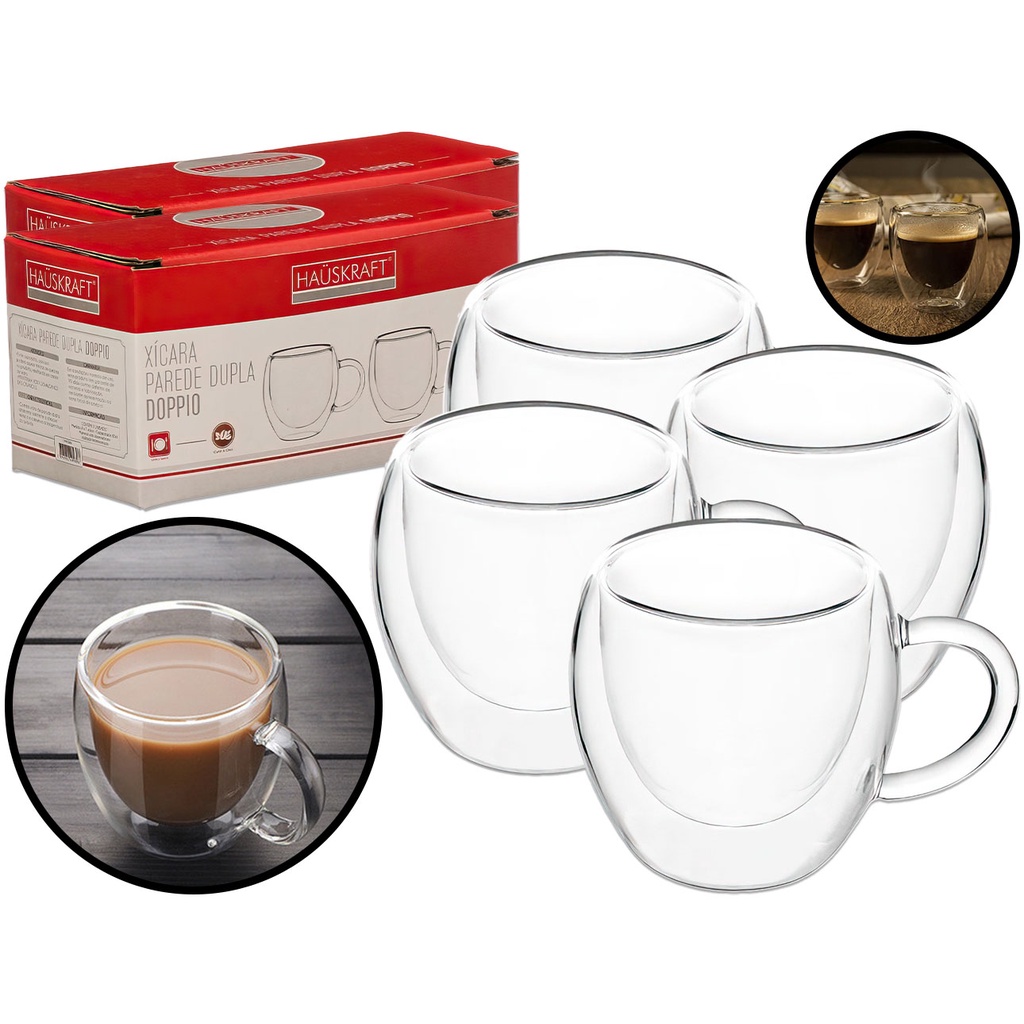 Kit 4 Canecas Parede Dupla Doppio 80ml 2 Peças Haüskraft CANC086