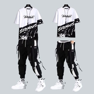 Conjunto Masculino Com Camiseta De Manga Curta E Calça De Carga Estilo Hip Hop Jogger + kit De Camisa Masculina
