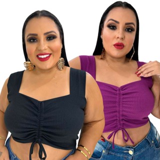 Cropped Feminino Plus Size Regata Alça Larga Regulagem Blusa Verão Luxo Grande Canelado Alcinha Grossa Premium 46 48 50 GG