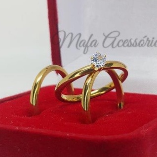 Par de Aliança Casamento Noivado Folheada 1mm Extra Fina + Solitário + Caixinha Vermelha