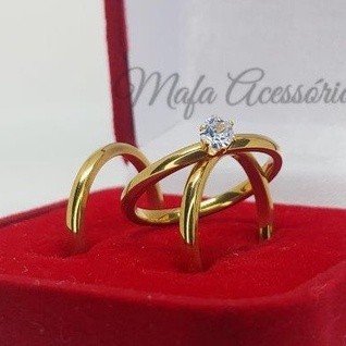 Par de Aliança Casamento Noivado Folheada 1mm Extra Fina + Solitário + Caixinha Vermelha