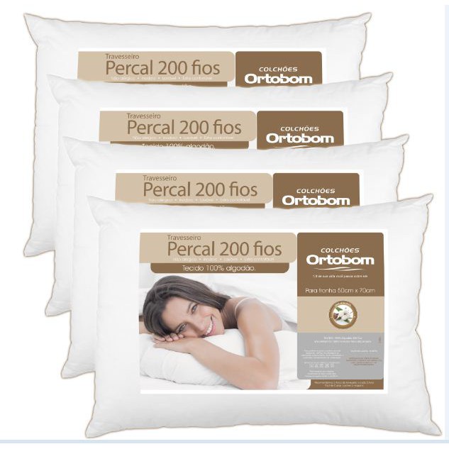 Kit 4 Travesseiros Premium Ortobom 200 Fios Percal 100% Algodão em Oferta na Shopee
