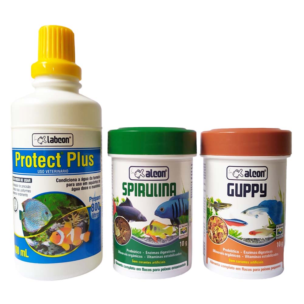 Kit Ração Para Peixe Alcon Guppy, Spirulina 10g e Protect Plus 100ml