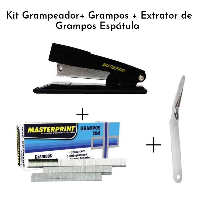 Kit Grampeador Com 5.000 Grampos 26/6 + Extrator de Grampos Espátula MASTERPRINT