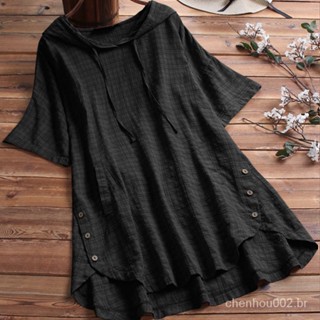 Camiseta feminina de algodão/linho com capuz/manga curta/solta/tamanho grande