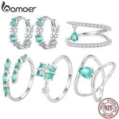 Bamoer 925 Silver Sterling Fashion Jewelry Conjunto De Jóias De Prata De Zircônio Verde Anel E Brincos Para Presente Do Dia Da Mulher