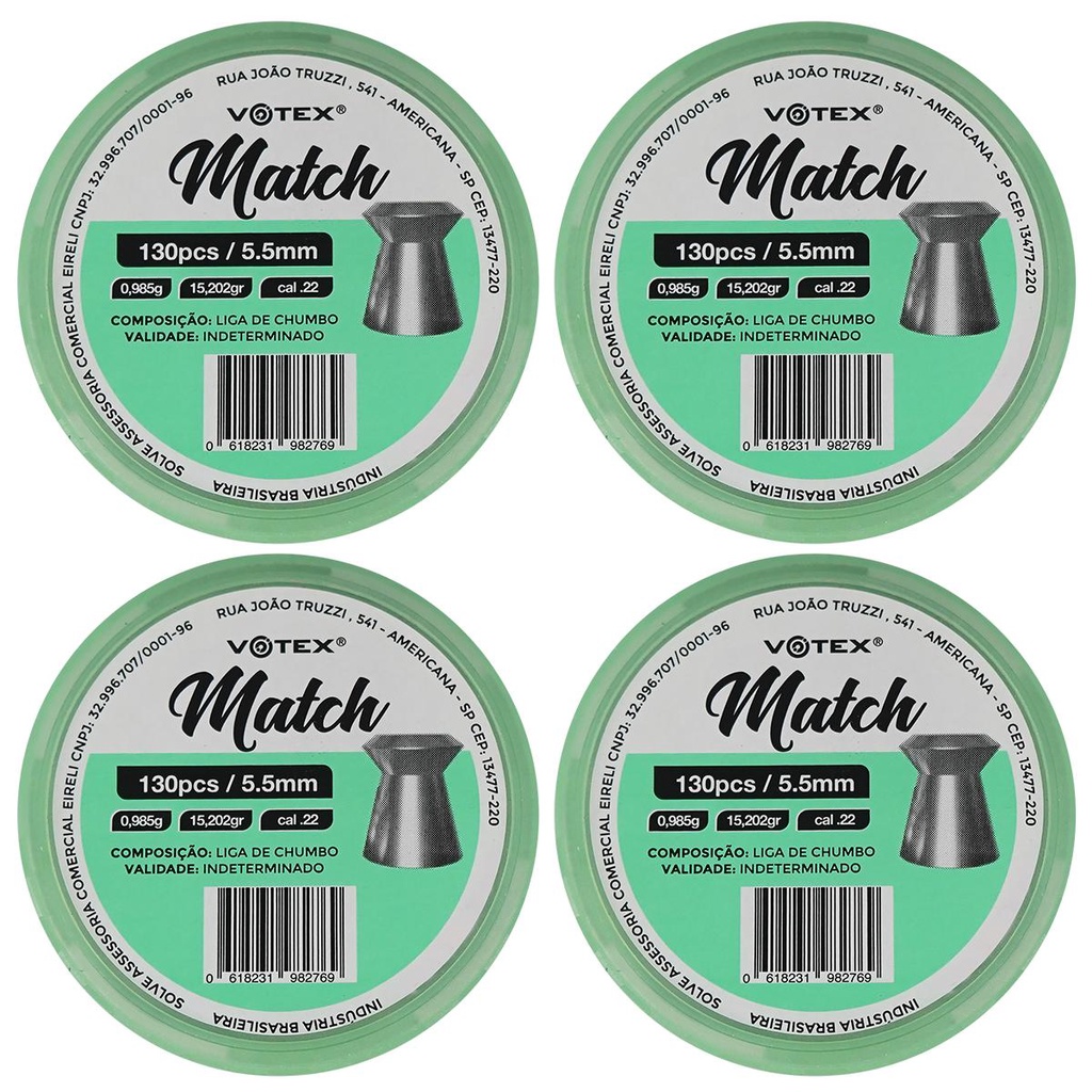 Chumbinho 5.5 Votex Match Munição .22 04 Latas 130 Unidades em Oferta na Shopee