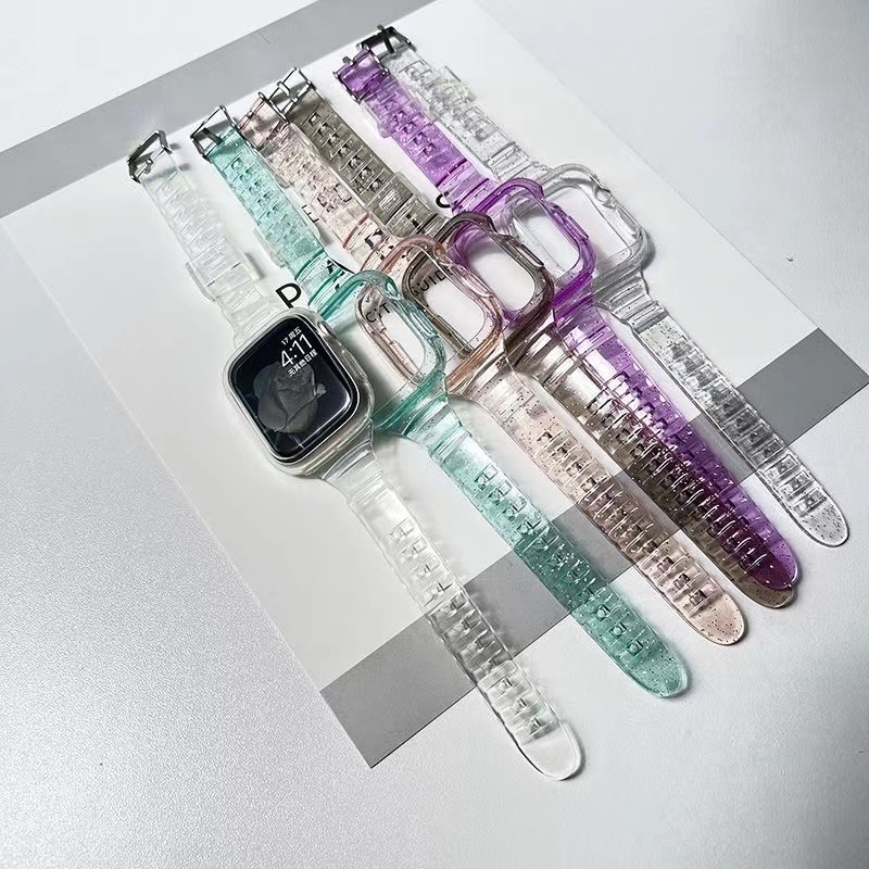 Faixa De Glitter + Capa Para Apple Watch Band 38 44 40 41 45 Transparente Doce Mulher Pulseira iWatch Série 9 8 7 6 SE 5