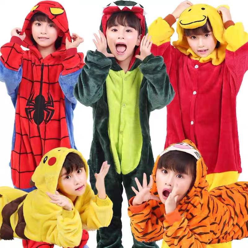 Kigurumi Dinossauro Pikachu Pontos Homem-Aranha Onesies Kids Jumpsuit Infantil Meninas Meninos Flanela Pijamas Fantasias