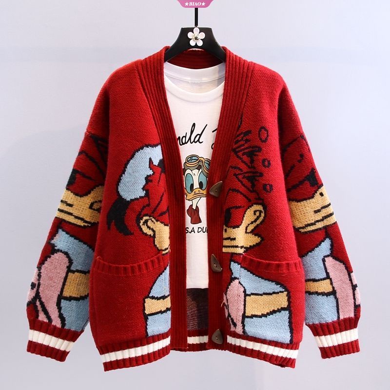 Desenho Animado Disney Série Anime Pato Donald Japonês Vintage Bordado Bonito Cartoon Cardigans De Malha Nova Moda Outwear Sweaters