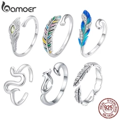 Bamoer 925 Silver Sterling Snake and Peacock Feathers Abertura Do Anel Jóias De Moda Presente De Aniversário Para Mulheres