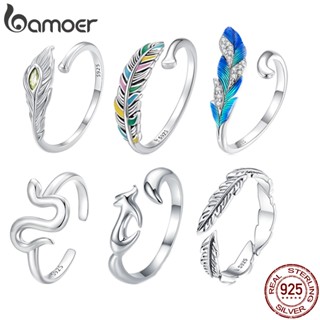 Bamoer 925 Silver Sterling Snake and Peacock Feathers Abertura Do Anel Jóias De Moda Presente De Aniversário Para Mulheres