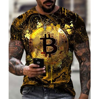 Moda Bitcoin 3D Camiseta Gráfica Homens Streetwear Pescoço Redondo Manga Curta Casual Solta