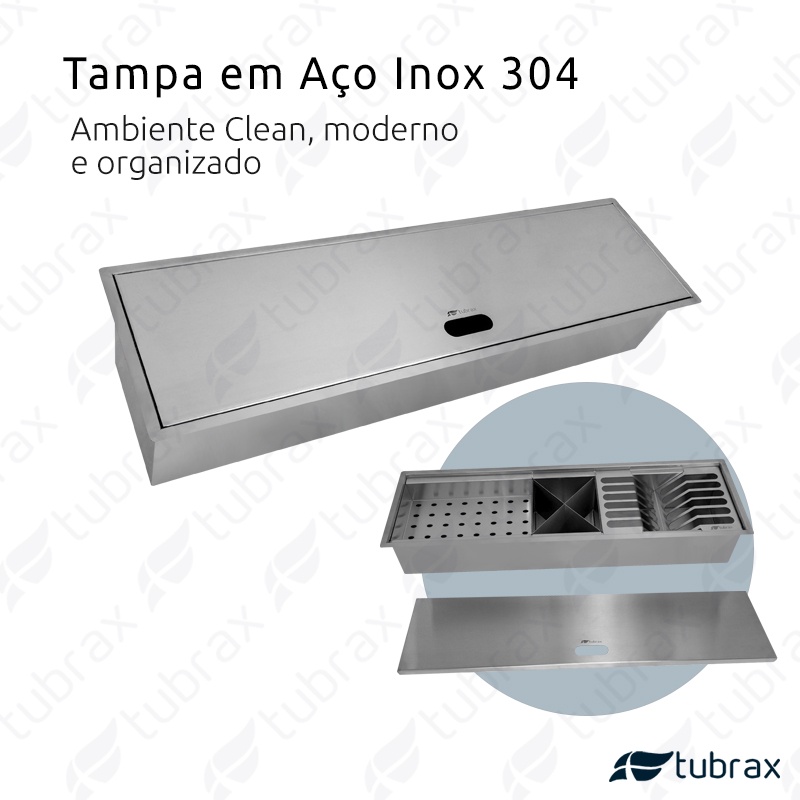 Calha Canal organizador Úmido de Cozinha com Tampa Inox 304 c/ 3 módulos 62x18 Tubrax · foto 2