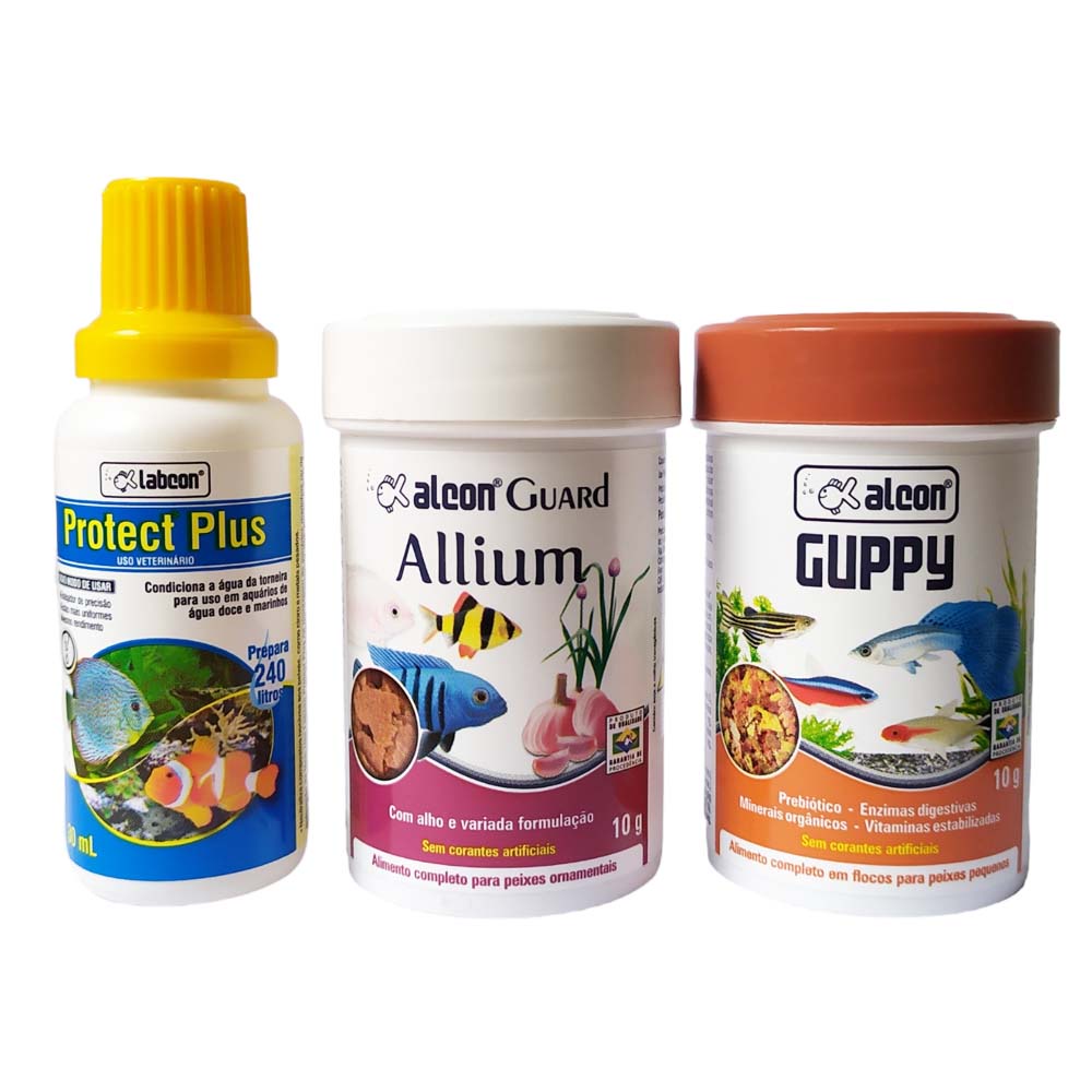 Kit Ração Para Peixe Alcon Guppy, Allium 10g e Protect Plus 30ml