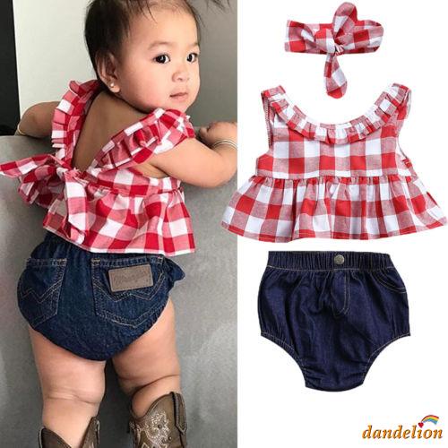 Conjunto De Roupas Para Meninas Dandelion-0-3Year Baby Girls , Tops Sem Mangas Vermelho E Branco + Calções De Ganga + Fita De Cabeça