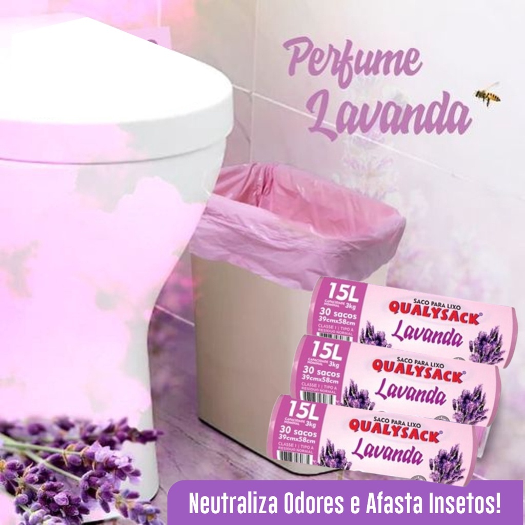 Saco de Lixo 15l Perfumado Lavanda 30un Banheiro Cozinha Banheiro Anti Odores e Insetos 1 rolo