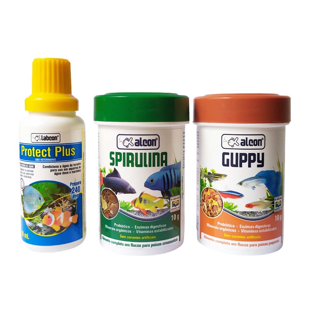 Kit Ração Para Peixe Alcon Guppy, Spirulina 10g e Protect Plus 30ml