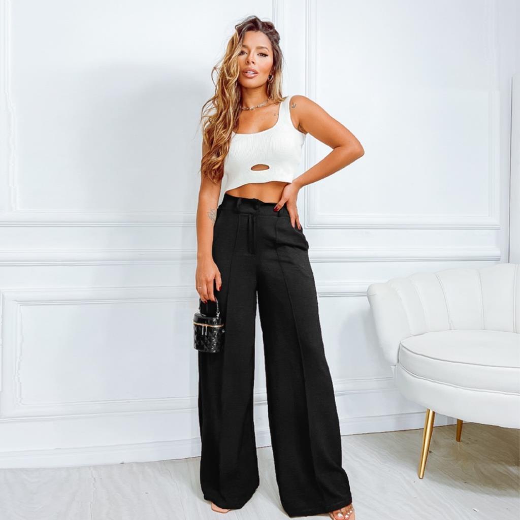 Calca Feminina Pantalona Wide Leg Social Alfaiataria Solta