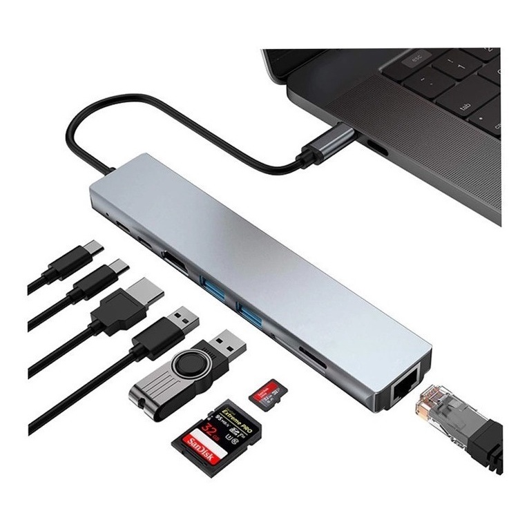 Hub Type-c Com Usb 3.0 Lan Rj45 Hdmi Cartao Sd/tf Pd Usb-c Para Pc Computador Notebook Multi Portas