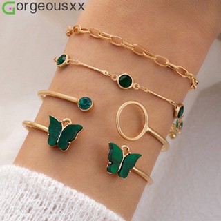 Imitação Nobre Borboleta Gema Verde Pulseira De Quatro Camadas Geométrica De Abertura Bangle for Women Fashion Party Jewelry