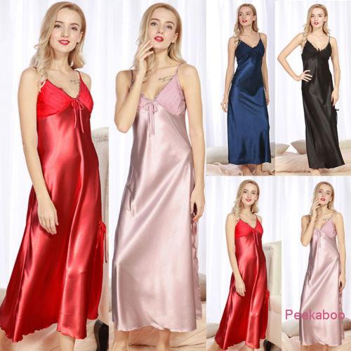 Pkb-Women's Satin Silk Long Sleepwear , Pijama Vestido De Noite Lingerie , Lace Trimmed One-piece