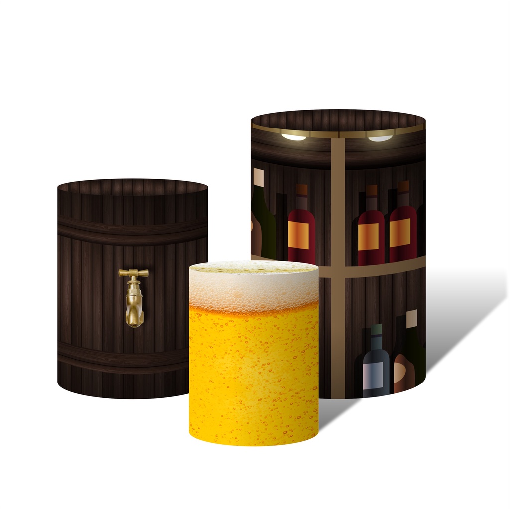 Trio de Capas Cilíndricas Versátil Balcão de Bar Boteco Bebidas Cerveja Textura de Madeira c/ Elástico