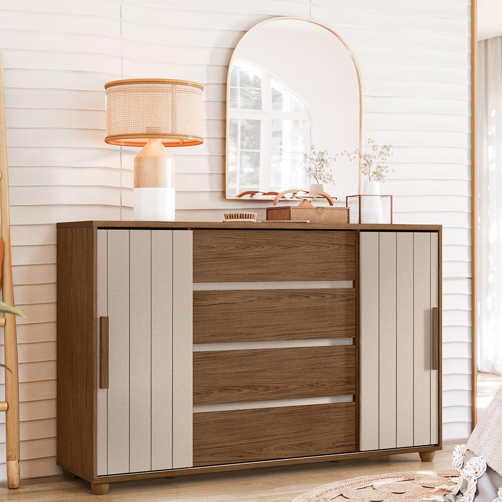 Cômoda Quarto Evidenza com 4 Gavetas e 2 Portas de Correr em Oferta na Shopee