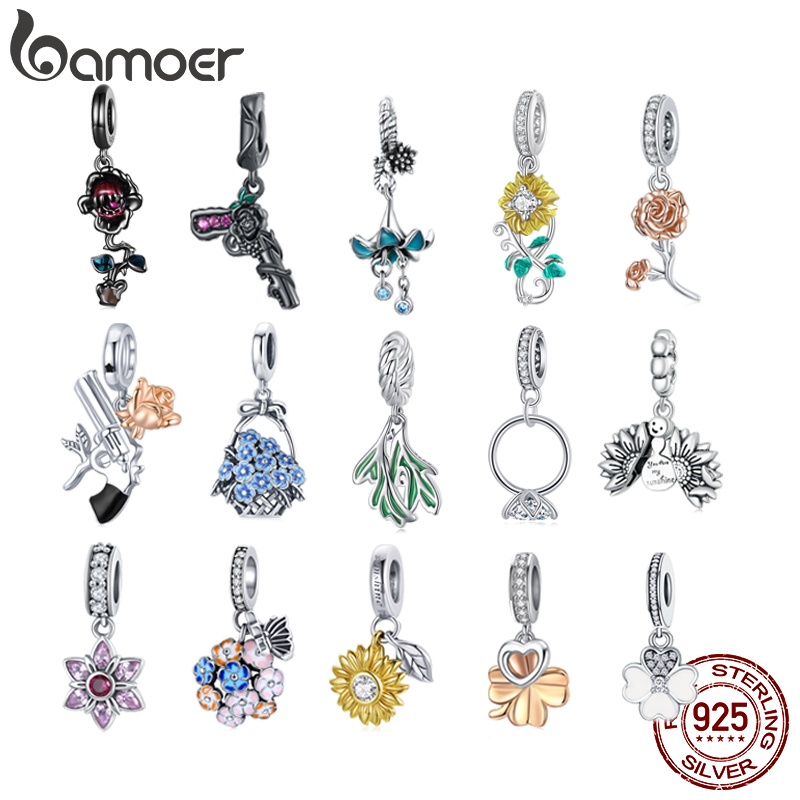 Bamoer 925 Sterling Silver Sunflower/Rose/Clover Pendant DIY Beads Gift Jewelry Accessory for Bracelets - Fashion Accessories