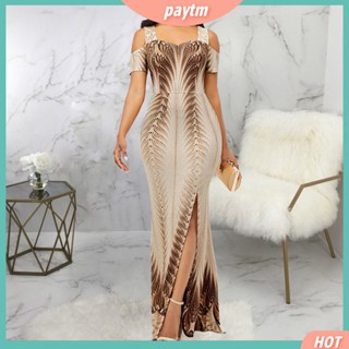 Yar-- 3D Digital Print Bandeau Waist Tight Short Sleeve Party Vestido De Festa Para Mulheres Com Manga Curta Oferta De Ombro Split Hem Maxi