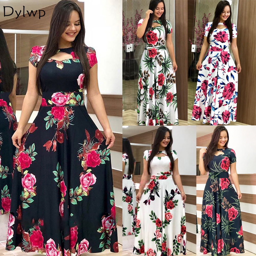 5XL Plus Tamanho Mulher Vestido Longo Flor Impressão maxi High Waist Short Sleeve Party Dress