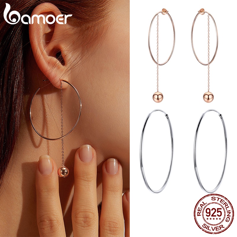 Brincos Bamoer 925 Prata Grandes Pinos De Orelha Redondos Femininos Fashion Jewelry