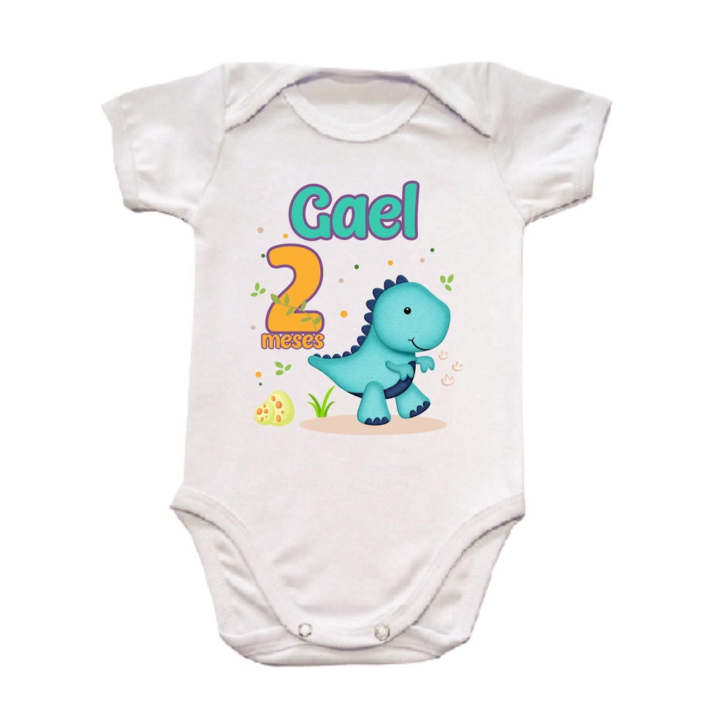 Body Roupa de Bebê Mesversário Aniversário Dinossauro Azul Personalizado com Nome e Mês (Idade)