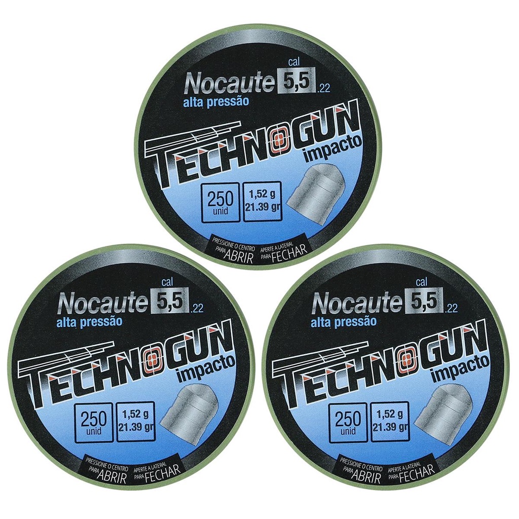 03 Latas Chumbinho Technogun Nocaute Impacto 22gr 250un. 5.5mm - Sports & Outdoors