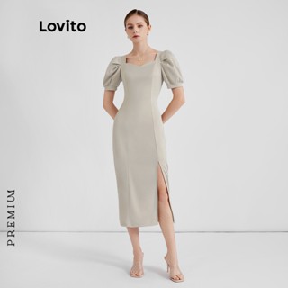 (Lovito Premium) Vestido Feminino Elegante Liso Decote Quadrado com Manga Bufante L37ED064 (Damasco)