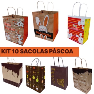 Sacolas de papel pascoa, chocolate e coelho - Pacote 10 Unidades - alça de cordão em Oferta na Shopee
