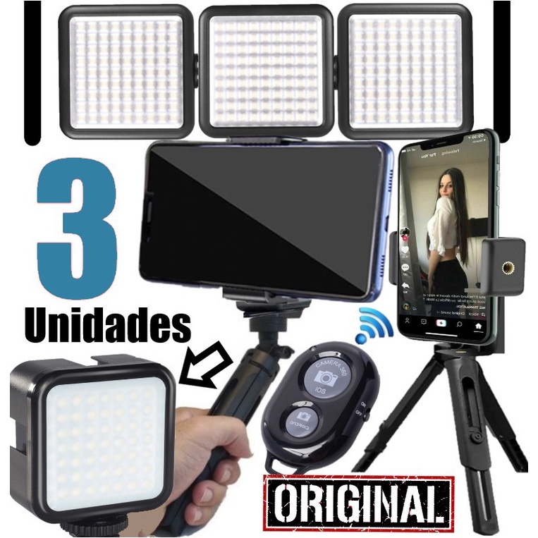 Estabilizador de Imagem Suporte Celular Com 3 Painel de Luz Iluminação Profissional Tripé Gravação de Vídeo Foto Selfie