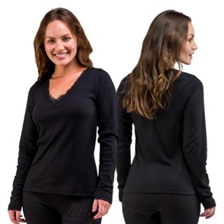 Blusa Feminina Manga Longa Canelada Gola V com Detalhe em Renda Basica Adulto Ribana Confortavel
