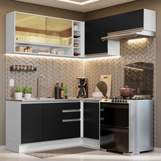 Armário de Cozinha Completa de Canto 349cm Branco/Preto Glamy Madesa 06 em Oferta na Shopee