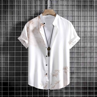2023 Novo Colarinho Estético Retro Masculino De Manga Curta Botão Algodão Casual Simples Camisa Floral Plus Tamanho