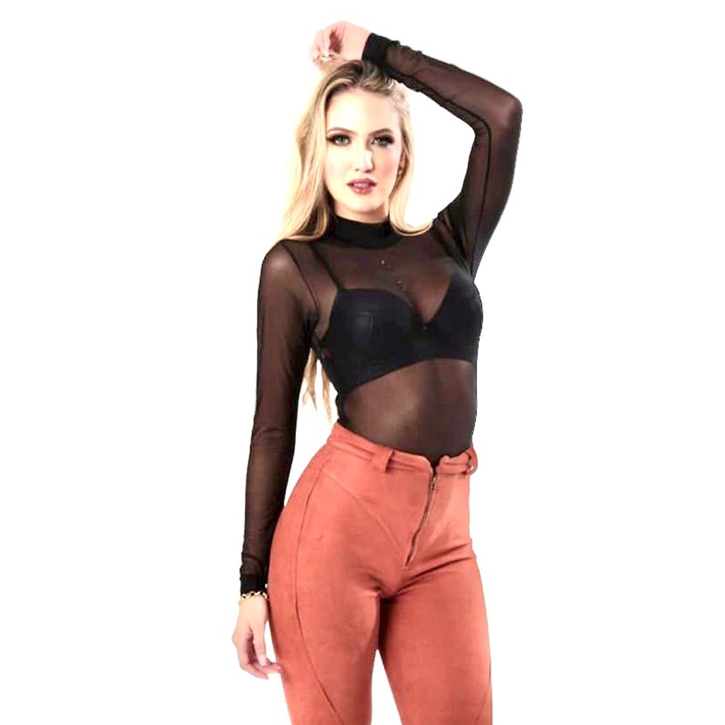 Body de Tule Manga Longa Sexy Lingerie Sensual Atacado Varejo