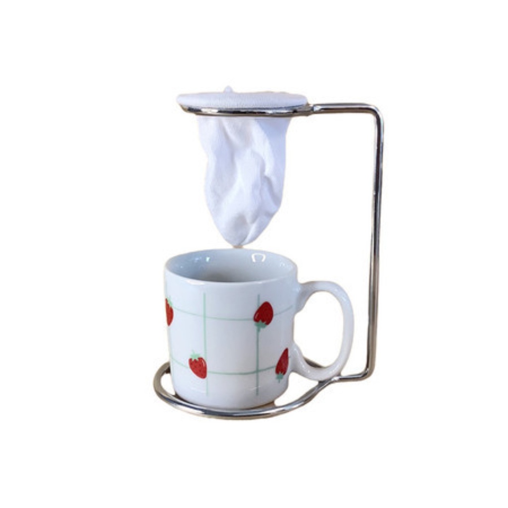 Kit Caneca Cerâmica Morango 100ml Suporte Aço Inox Coador Pano Individual Conjunto