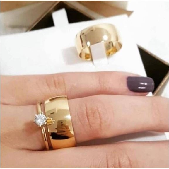 alianças par de Casamento tungstênio 6mm Banho Moeda Antiga + Solitário COD-15
