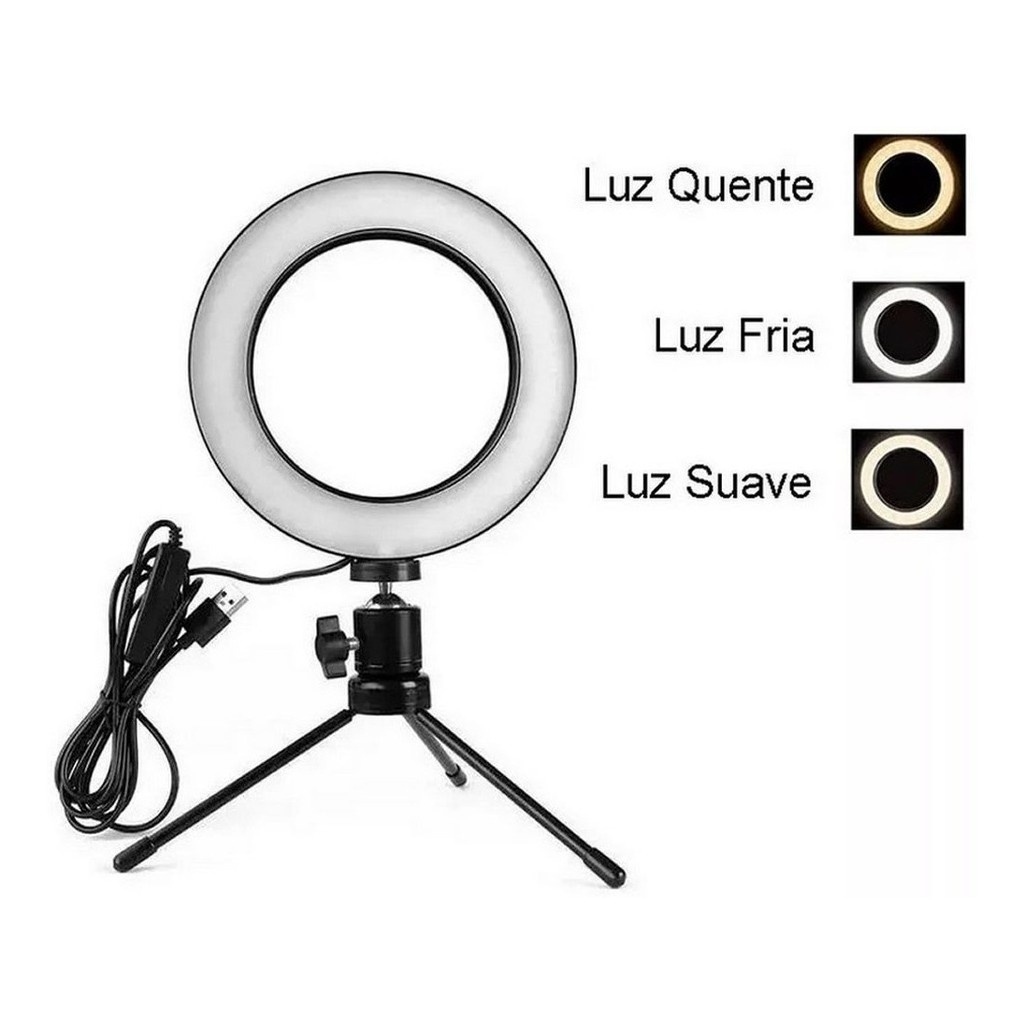 Ring Light Led Iluminador Portátil 6' Polegadas com Tripé De Mesa E Suporte de Celular Smartphone