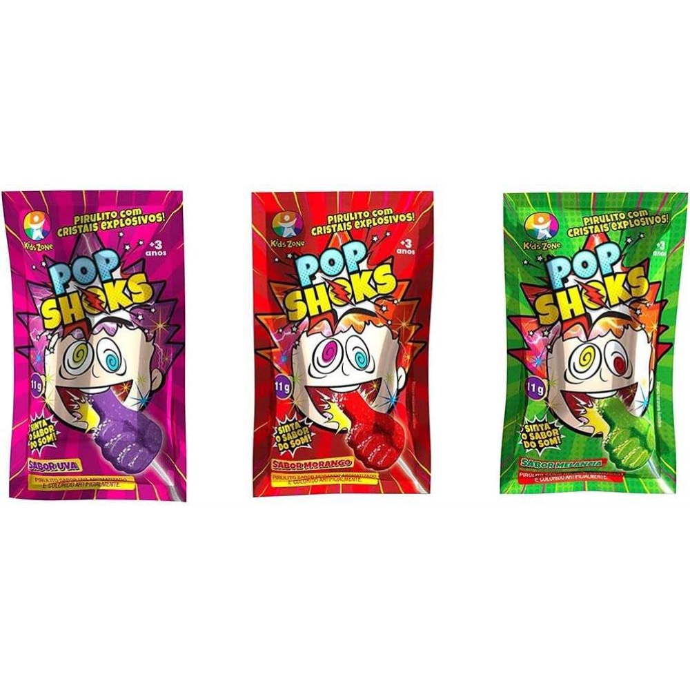 3 Pirulito Kids Pop Shoks - Melancia + Morango + Uva