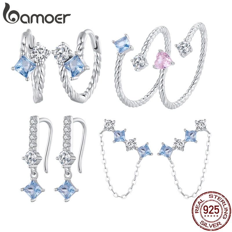 Bamoer 925 Conjunto De Jóias De Moda Prata Sterling Para O Dia Da Mulher Brincos E Anéis De Pedra Delicada em Oferta na Shopee