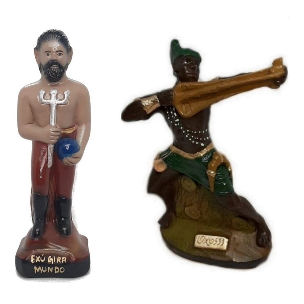 Escultura Estatueta Estátua Exu Gira Mundo E Orixá Oxóssi Candomblé Umbanda Imagem Em Gesso 22cm Altar Congá