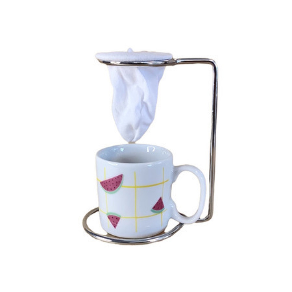 Kit Caneca Cerâmica Melancia 100ml Suporte Aço Inox Coador Pano Individual Conjunto