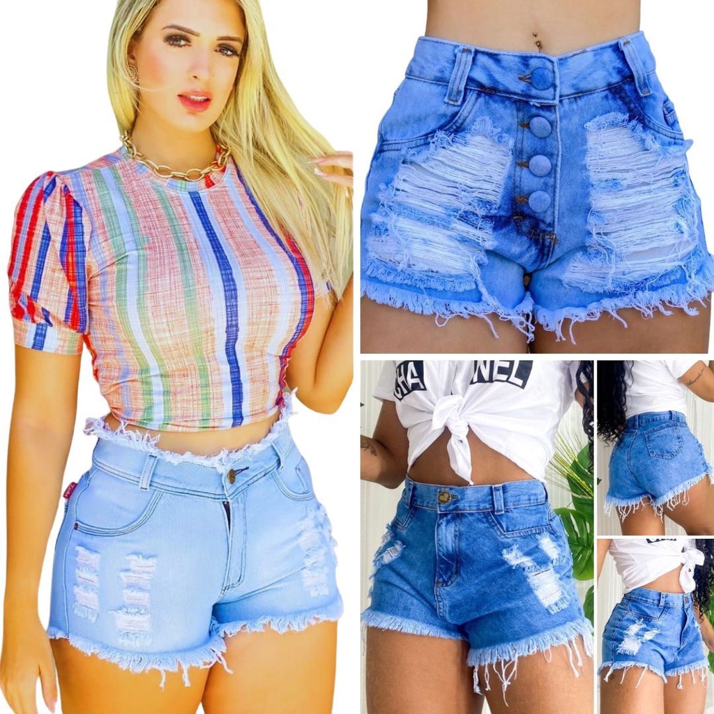 Kit 3 Short Jeans Feminino bermuda destroyed Jeans Premium Short curto Estilo Rasgado sem Lycra